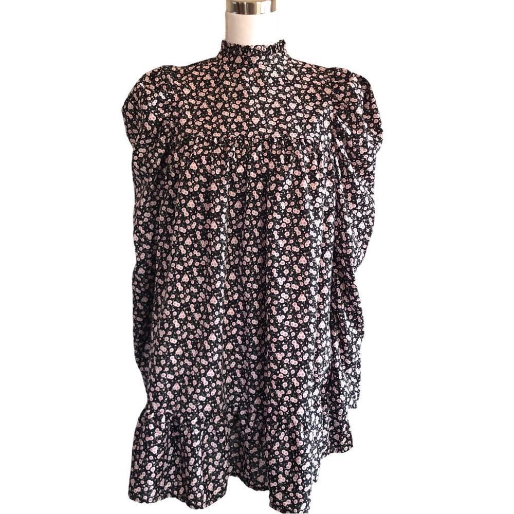 NASTY GAL Black Floral Mockneck Babydoll Puff Sleeve Smock Dress Size 4 Small